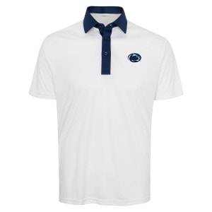 white polo shirt semi spread navy collar Penn State Athletic Logo on left chest